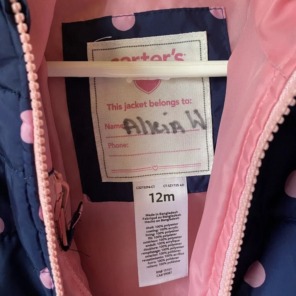 Carter's puffer pink polka‎ dot snow jacket hood zip toddler baby girl size 12 M